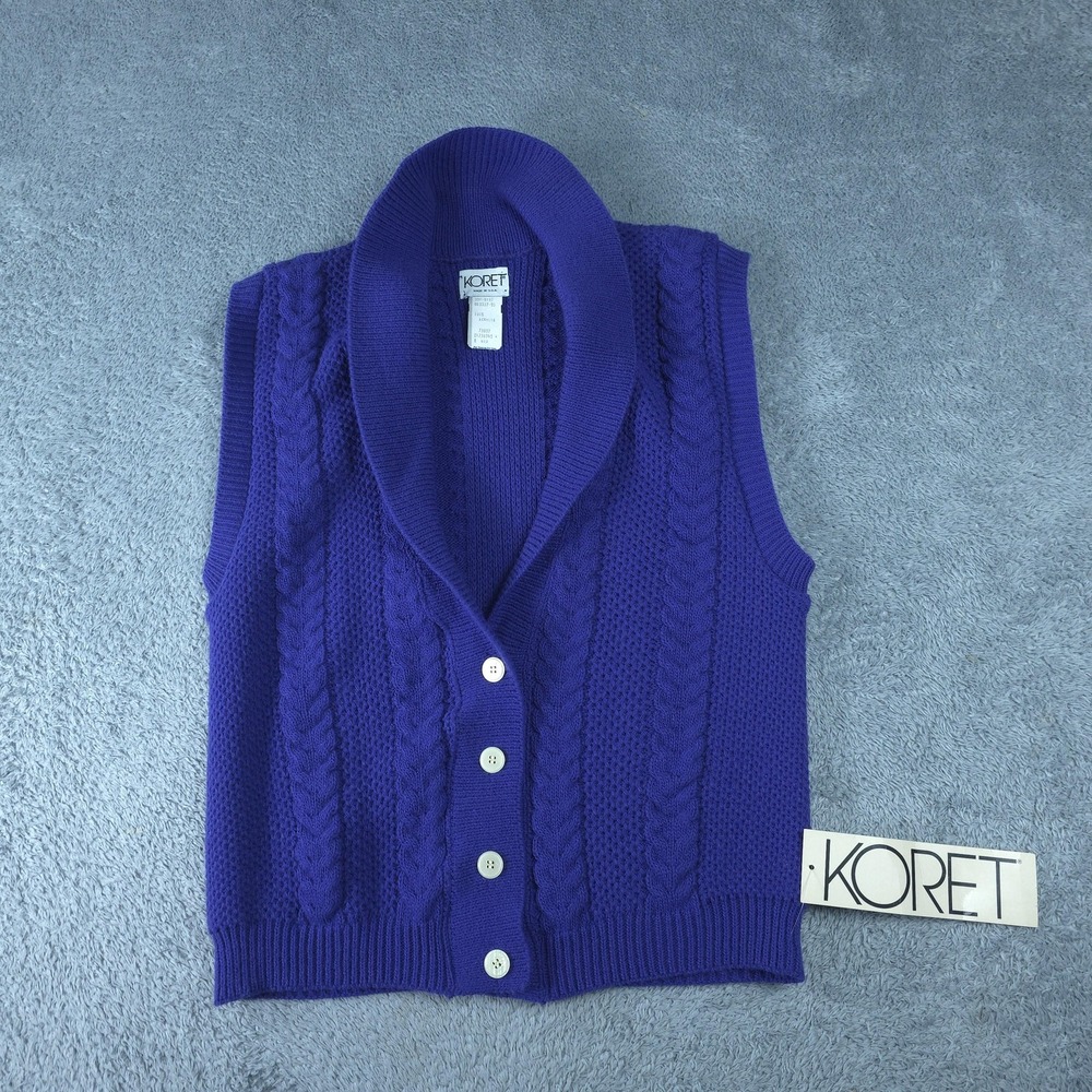Vintage Koret Sweater Vest Womens Medium Purple Cable Knit Shawl Collar USA 80s